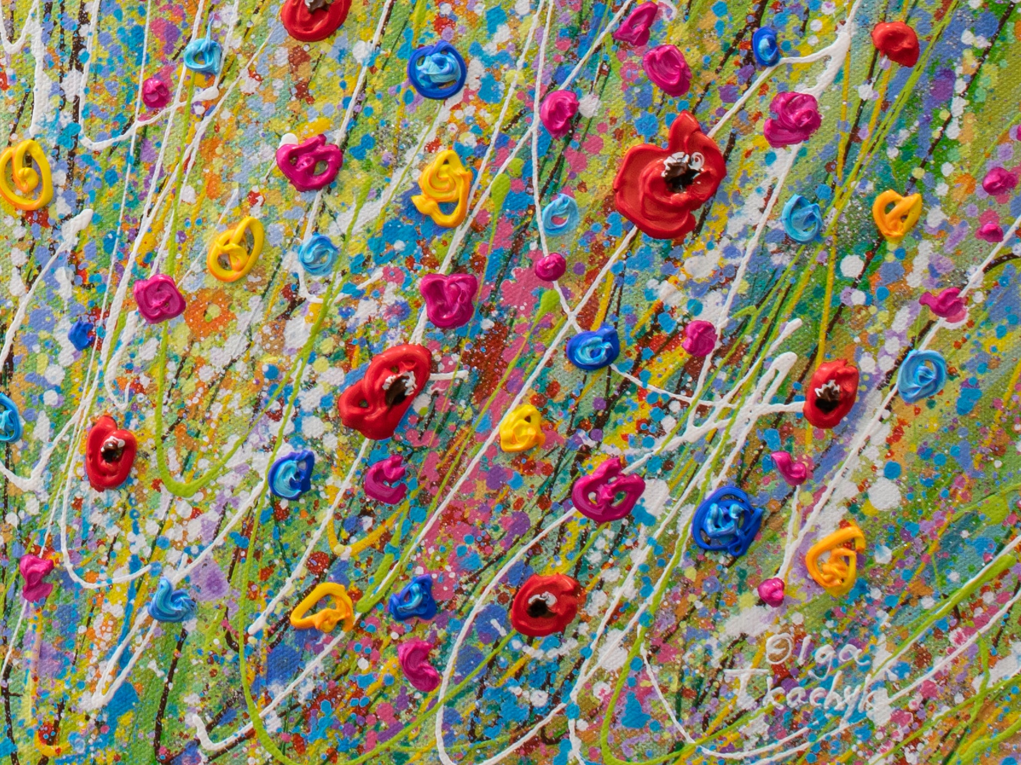 Fun Flowers Acrylic Painting on Canvas, Abstract Wildflower Meadow
