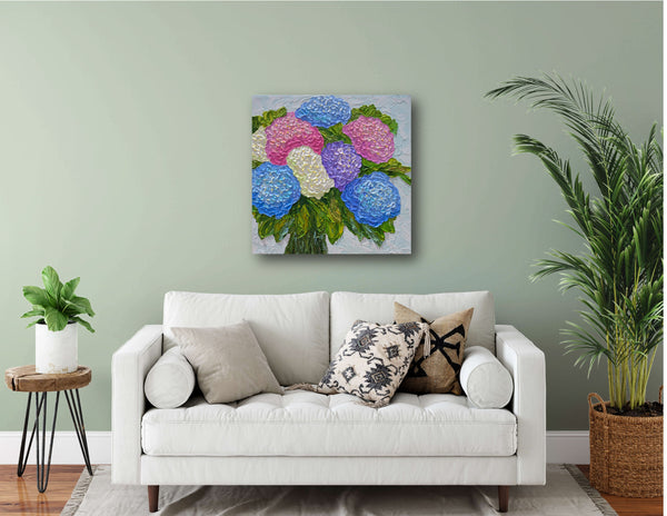 Hydrangea Bouquet, Acrylics on Canvas, 12"x12"
