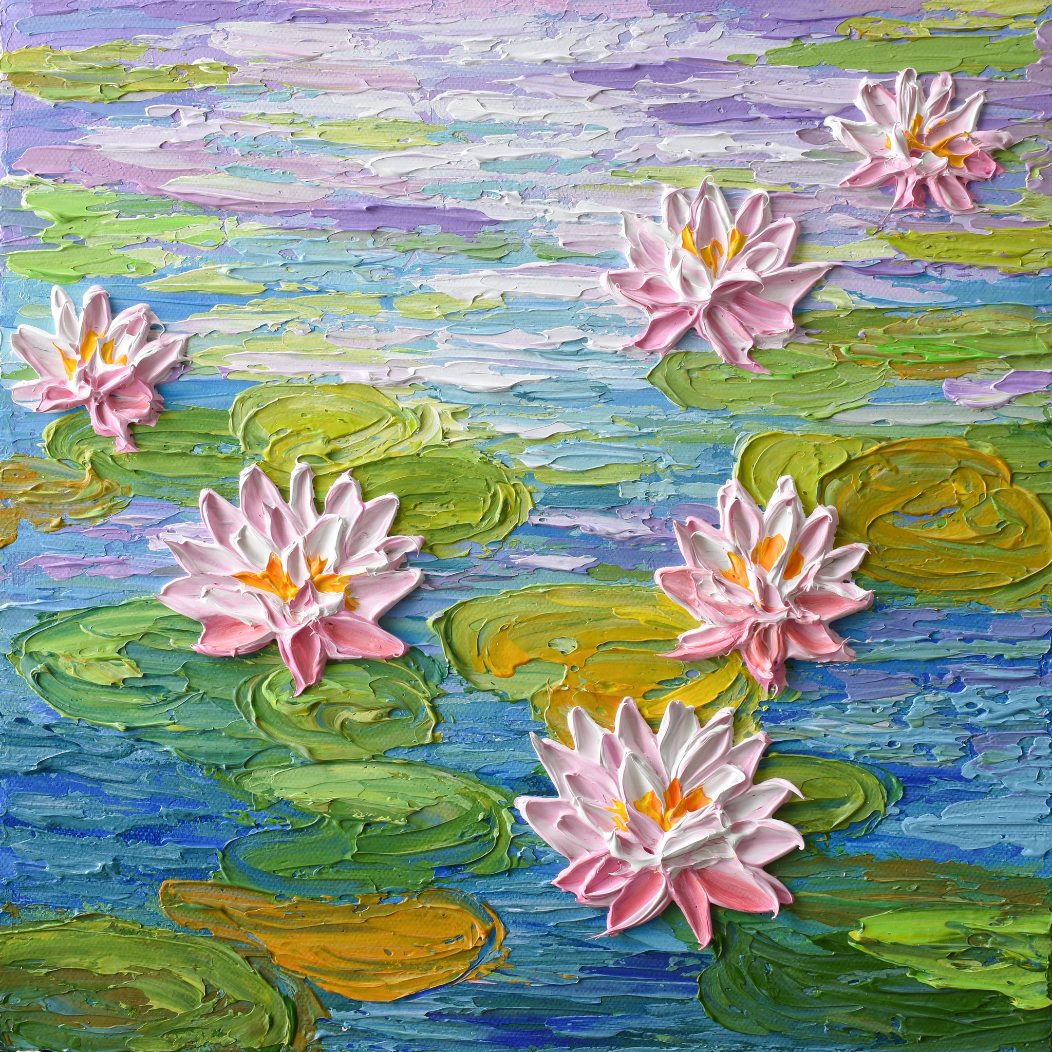 Pink Water lilies Pond Painting, Acrylic, Impasto, Thick Paint, Textured Art, Monet