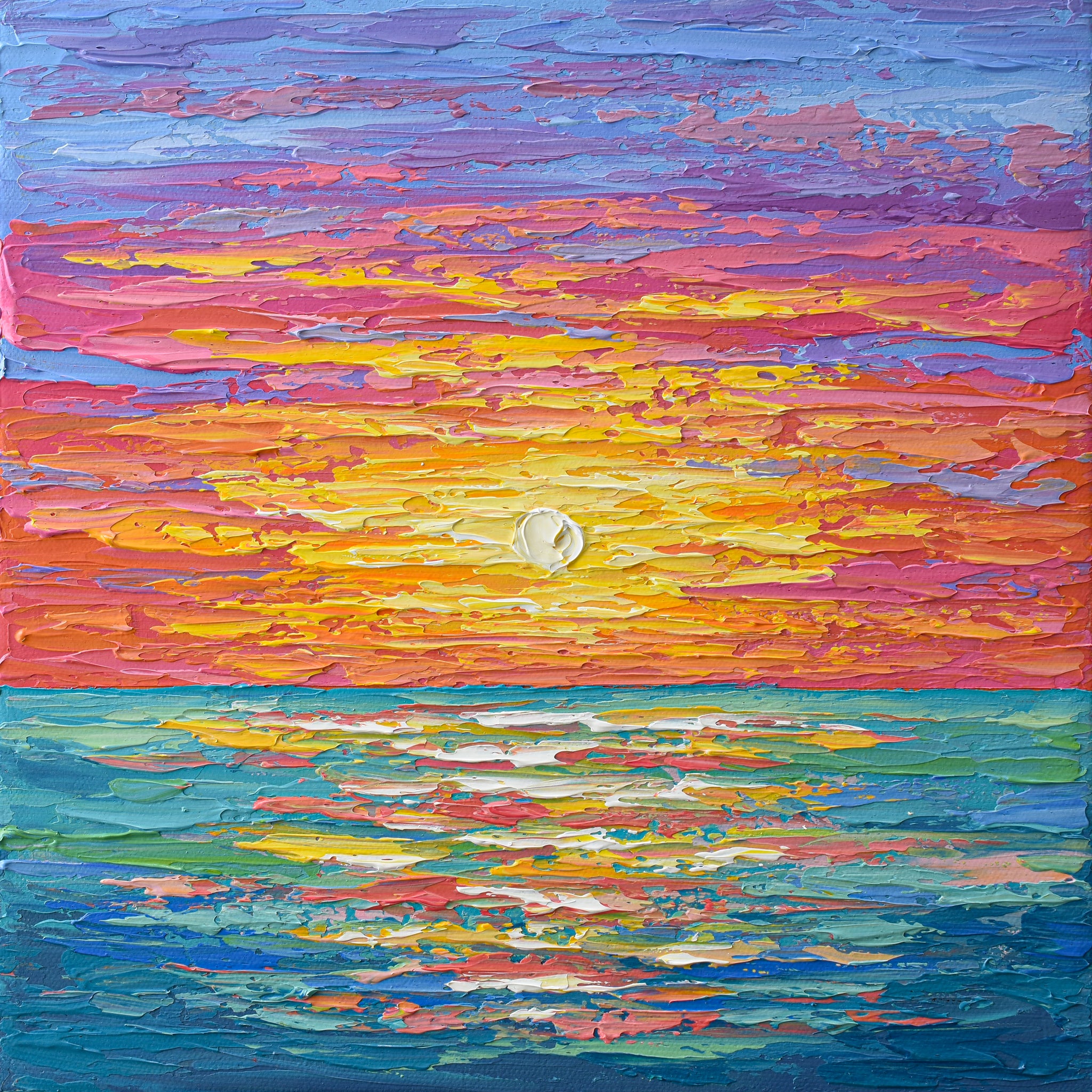 Colorful Ocean Sunset Painting, Acrylic, Palette Knife Art, Impressionism, Beach, teal water, pink purple sky