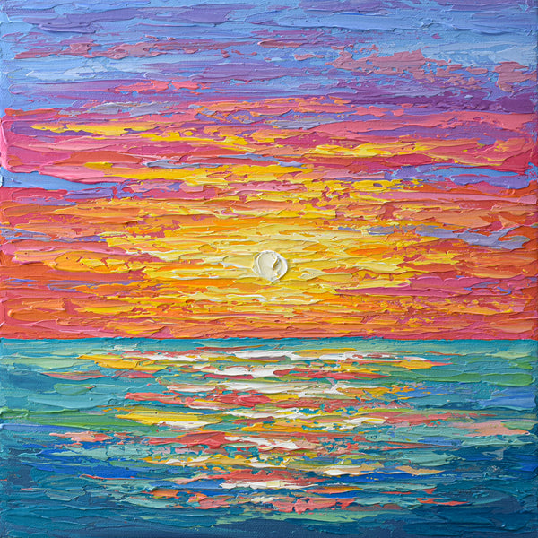 Colorful Ocean Sunset Painting, Acrylic, Palette Knife Art, Impressionism, Beach, teal water, pink purple sky