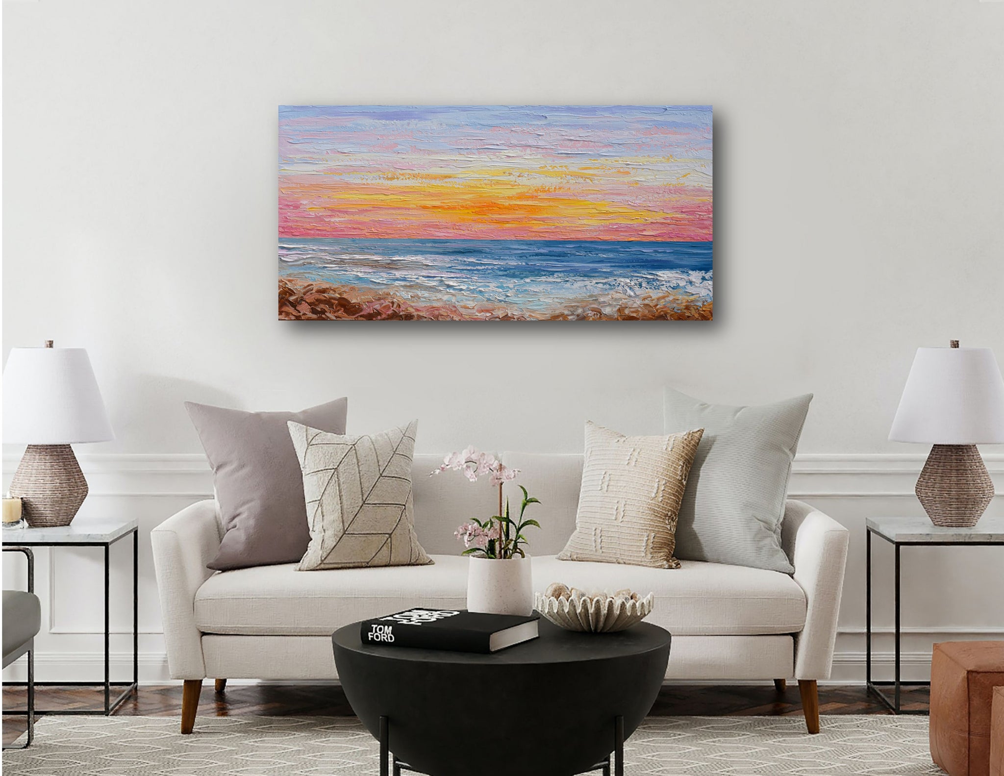 絵画 sunrise Pink Sunrise, Palette Knife Painting on Canvas, Seascape Art, 48