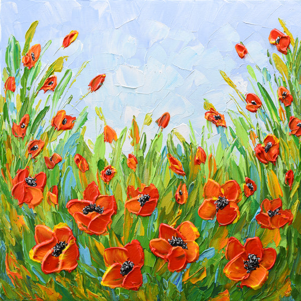 red poppies painting, wildflower meadow, flower field acrylic painting on canvas, California poppy, impasto, texure