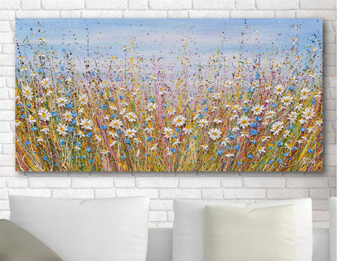 Daisies Field Painting, Large Floral Landscape Artwork, Original Impasto Painting
