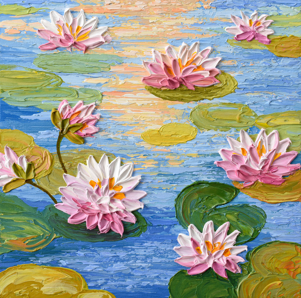 water lily flower painting Water Lilies at Sunset, Acrylic Painting, Impasto Flowers, Textured Art – Olga Tkachyk Art