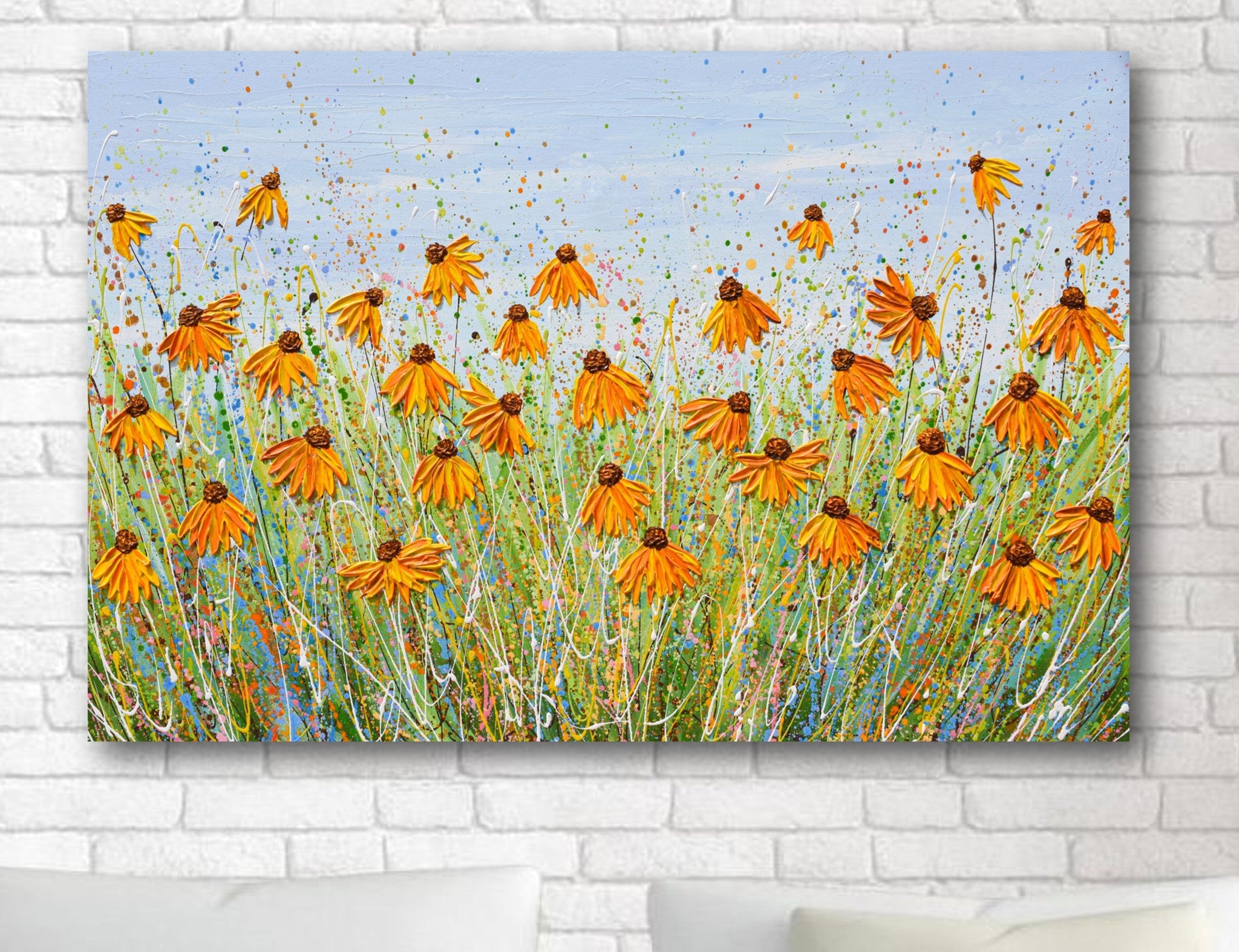 Yellow echinacea painting, flower field palette knife art, impressionism, impasto painting, textured flowers