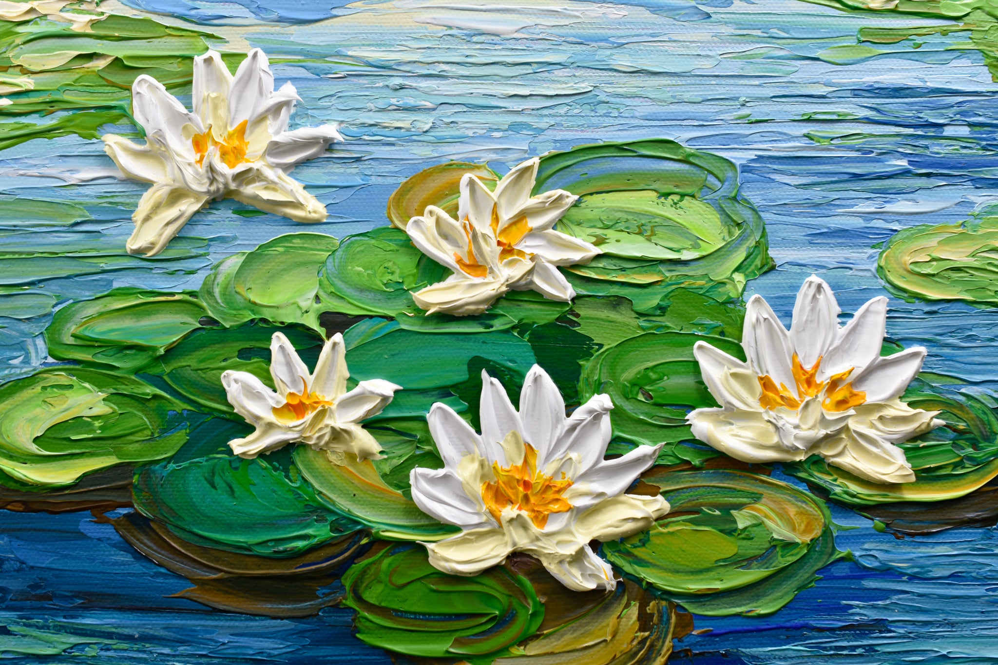 Waterlilies in the morning, Impasto Floral Painting, Acrylic, 12