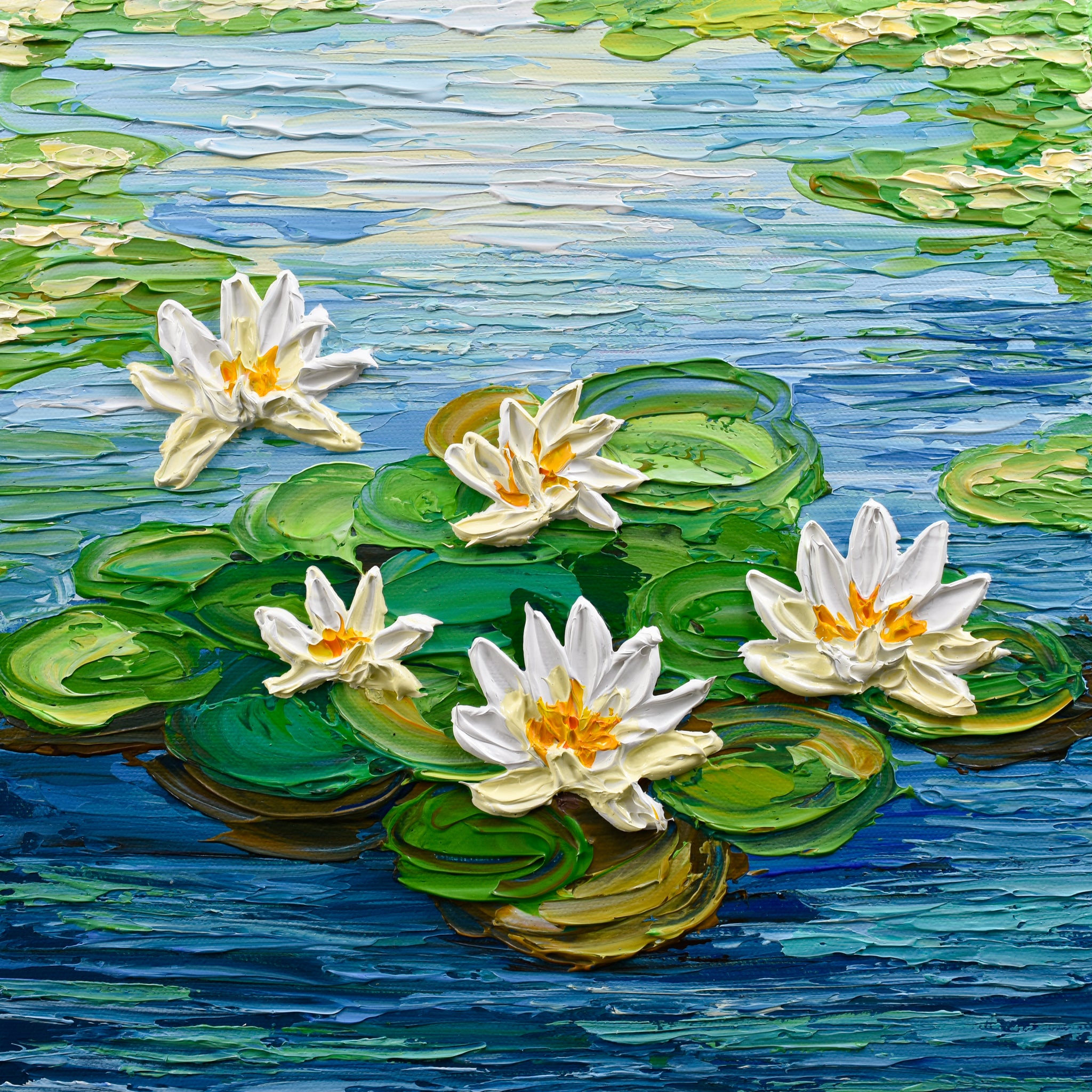 Waterlilies in the morning, Impasto Floral Painting, Acrylic, 12"x12"