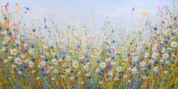 Daisies and Cornflowers, Original Impasto Floral Painting, 24"x48"