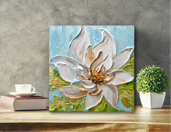 White Magnolia Flower, Original Impasto Floral Painting, Acrylic, 10"x10"