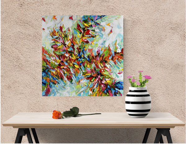 Flower burst, abstract floral painting, acrylic, 24"x24"