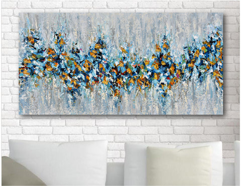 Dream Big, Abstract Blue Yellow Painting on Canvas, Acrylic, 24"x48"