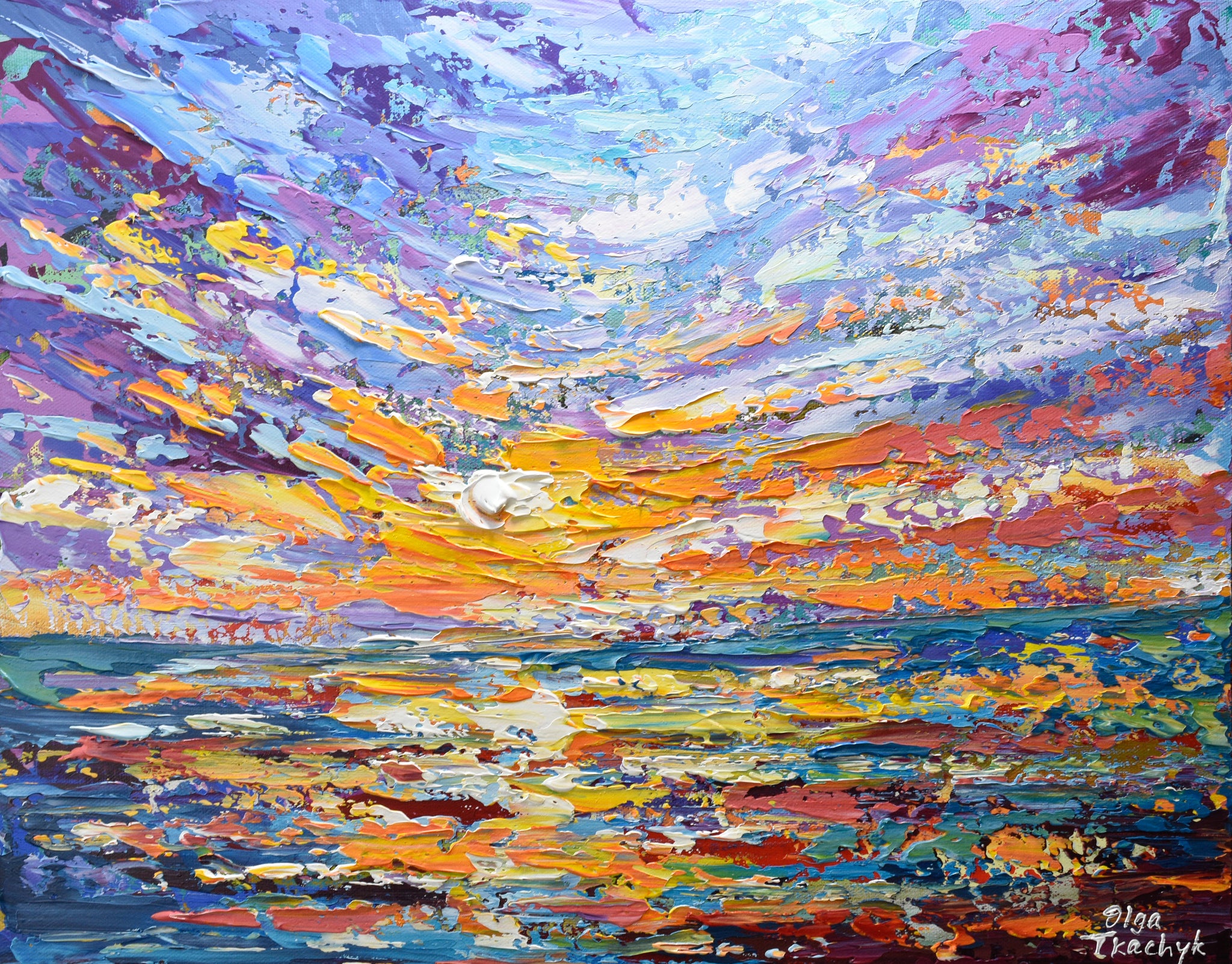 Lavender sky, Seascape Sunset Painting, Textured Palette knife Acrylic Artwork on Canvas by Olga Tkachyk