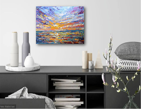 Lavender Sky, Palette Knife Sunset Painting, Acrylic, 16"x20"
