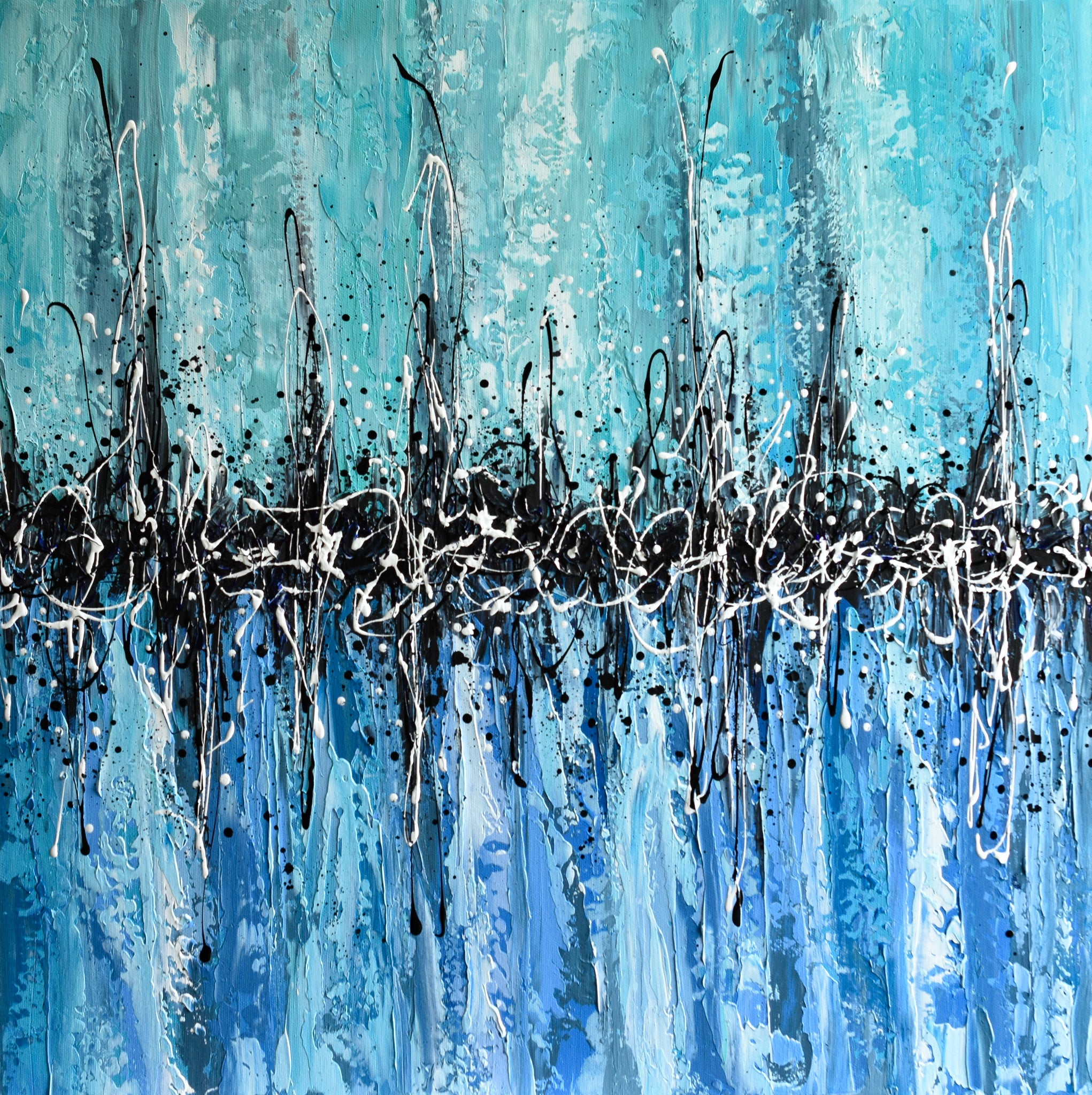Aqua blue abstract painting, palette knife art, textured wall art canvas