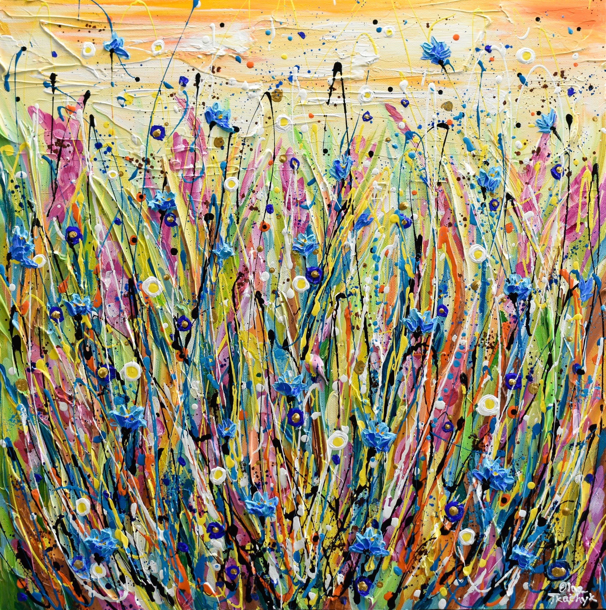 Cornflower field Painting, wildflower meadow landscape, textured wall art