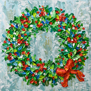 Christmas Wreath, Textured Acrylic Painting on Canvas, 12"x12"