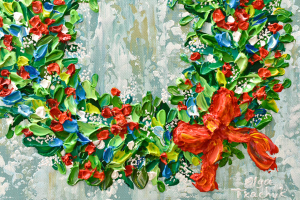 Christmas Wreath, Textured Acrylic Painting on Canvas, 12"x12"