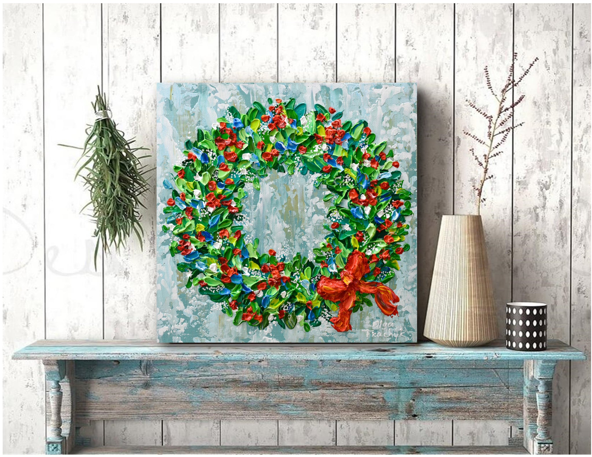 Christmas Wreath, Textured Acrylic Painting on Canvas, 12