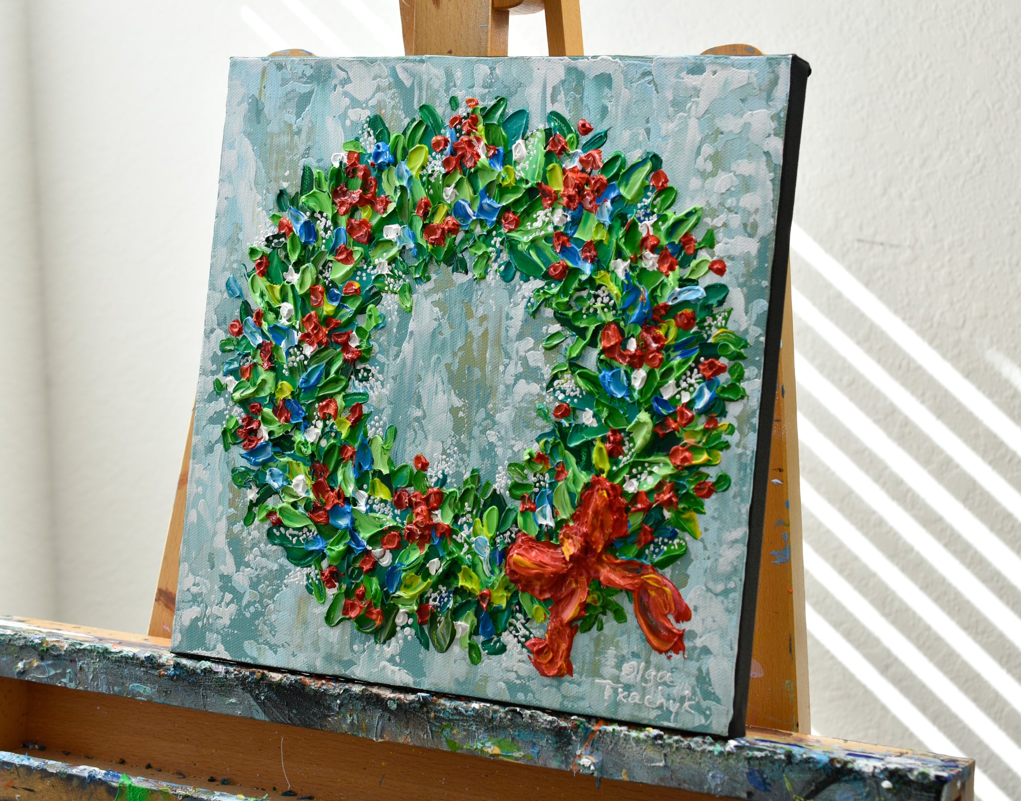 Christmas Wreath, Textured Acrylic Painting on Canvas, 12