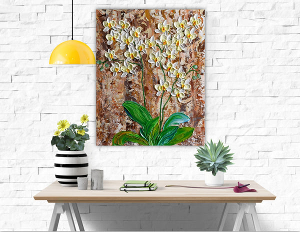 Ivory Orchid, Impasto Floral Painting, 16"x20"