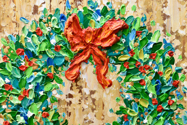 Holiday Wreath, Textured Acrylic Painting on Canvas, 12"x12"