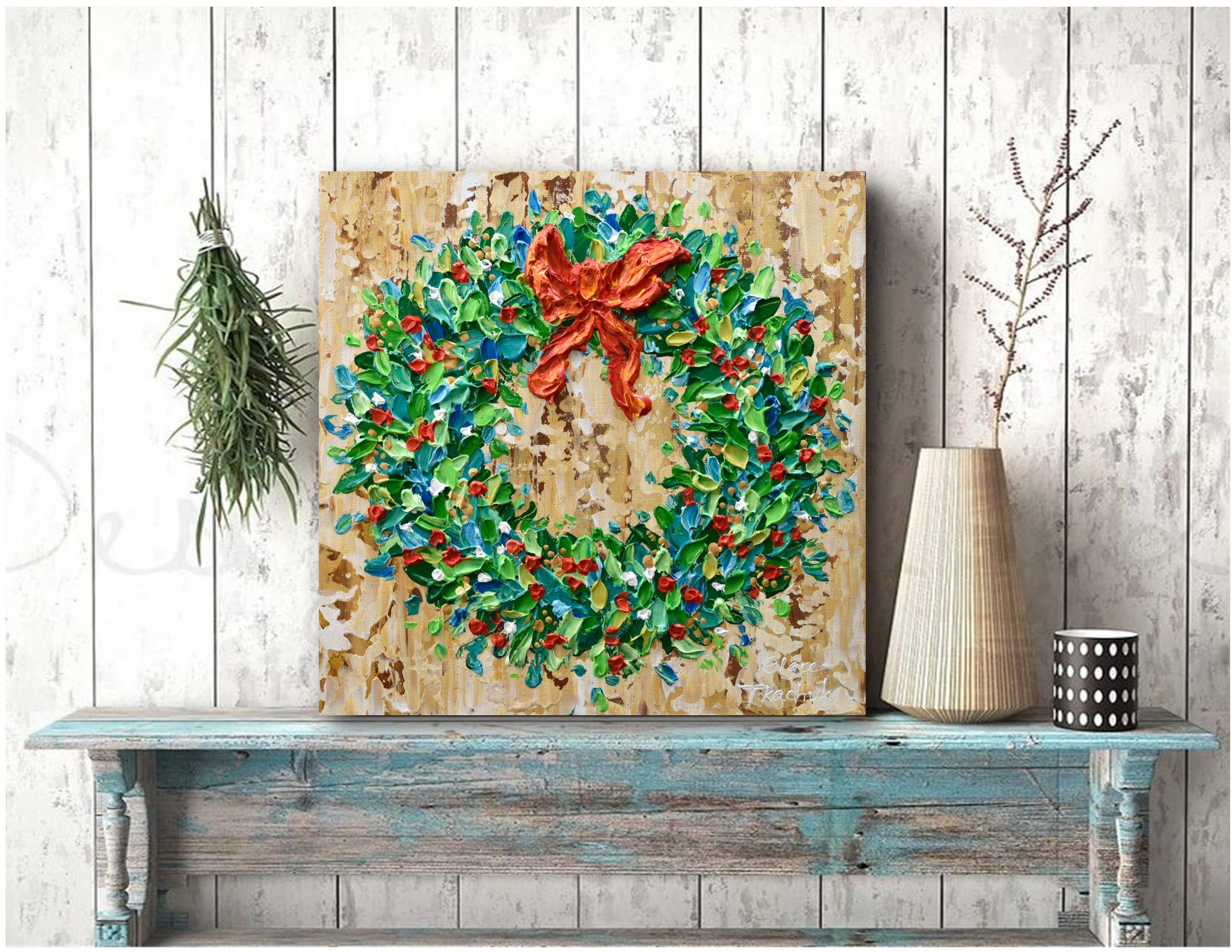 Holiday Wreath, Textured Acrylic Painting on Canvas, 12