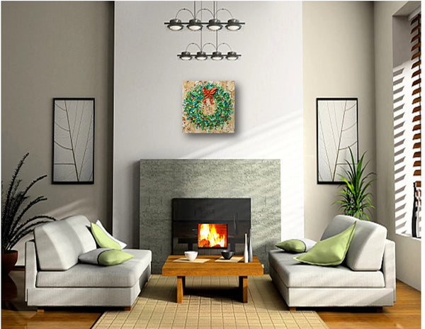 Holiday Wreath, Textured Acrylic Painting on Canvas, 12"x12"