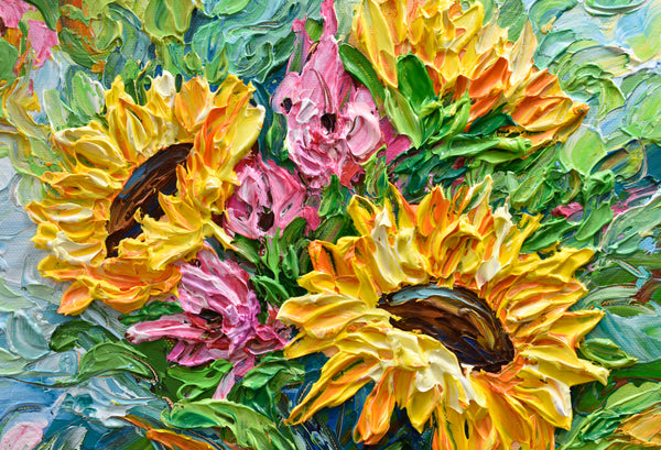 Sunflower bouquet, Impressionist Impasto Painting on Canvas 12"x12"