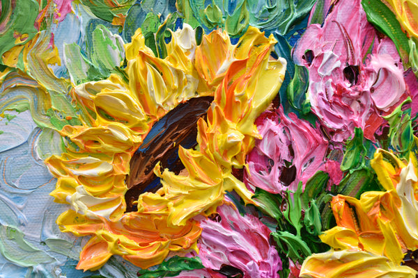 Sunflower bouquet, Impressionist Impasto Painting on Canvas 12"x12"