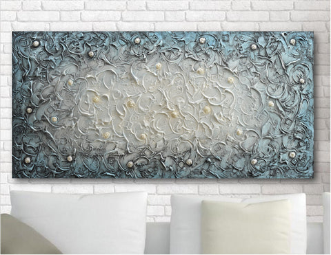 Blue Gray textured wall art canvas, original acrylic painting, palette knife art