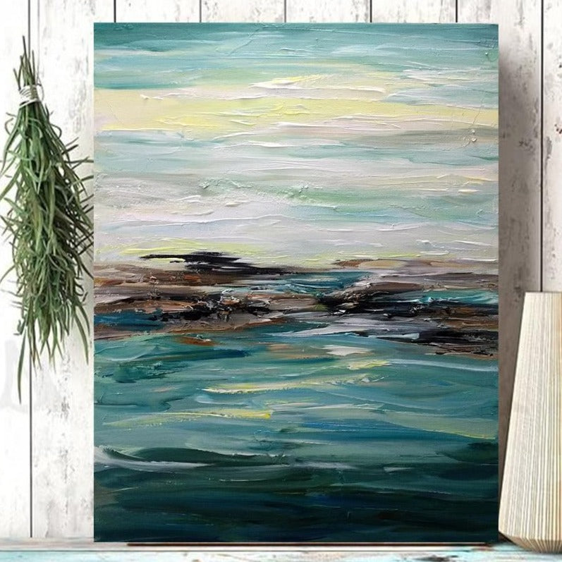 Teal Ocean Waters, Abstract Seascape Painting, Acrylic, 16"x20"