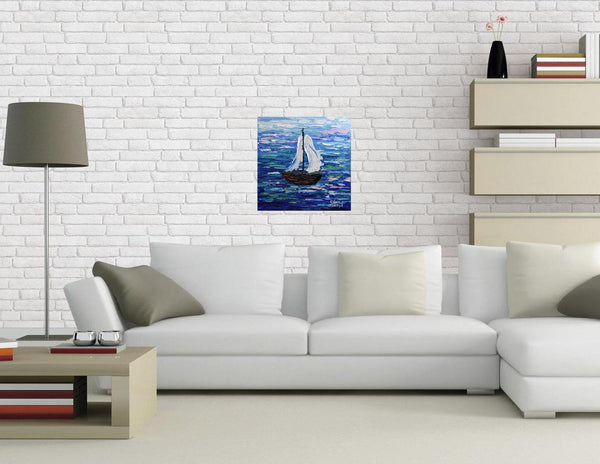 Sailboat, Impressionism Acrylic Painting on Canvas, 10"x10"
