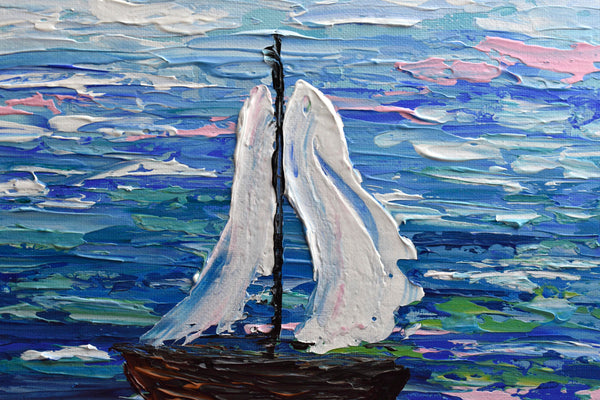 Sailboat, Impressionism Acrylic Painting on Canvas, 10"x10"