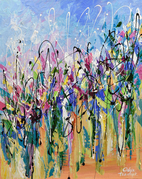 Flower field Landscape Abstract Floral Painting, Palette Knife Wall Art Canvas