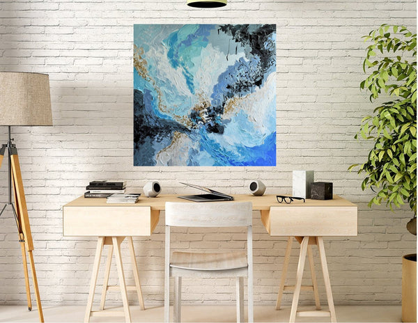 Blue Gold Abstract Acrylic Painting on Canvas, 36"x36"