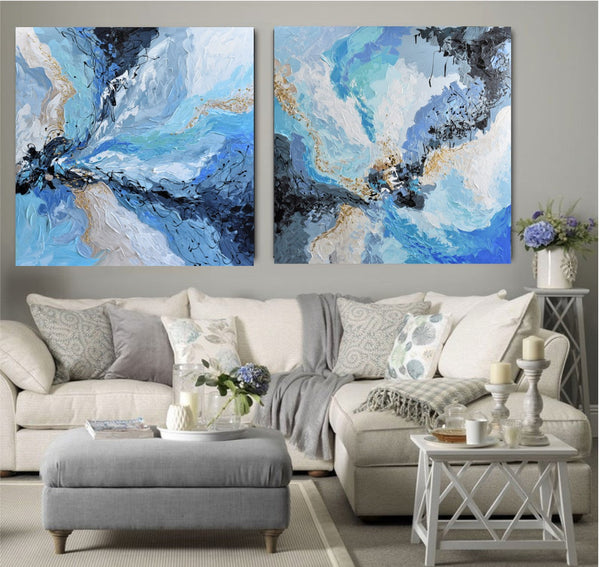 Blue & Gold Diptych, Extra Large Abstract Painting on Canvas, 36"x72"