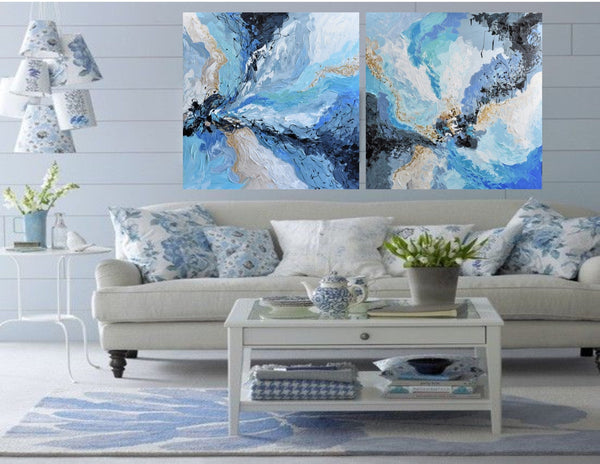 Blue & Gold Diptych, Extra Large Abstract Painting on Canvas, 36"x72"
