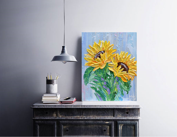Sunflower on blue II, Impressionist Impasto Painting on Canvas 8"x10"
