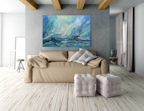 Blue Ocean, Abstract Seascape Painting on Canvas, Acrylic, 24"x36"
