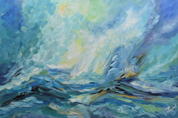Blue Ocean, Abstract Seascape Painting on Canvas, Acrylic, 24"x36"