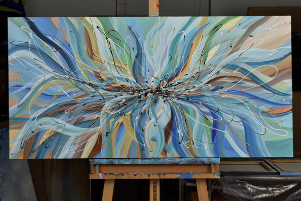 Blue Passionflower, Abstract Acrylic Painting on Canvas, 24"x48"