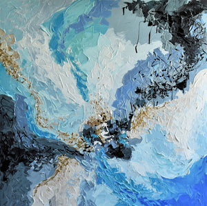 Blue Gold Abstract Acrylic Painting on Canvas, 36"x36"