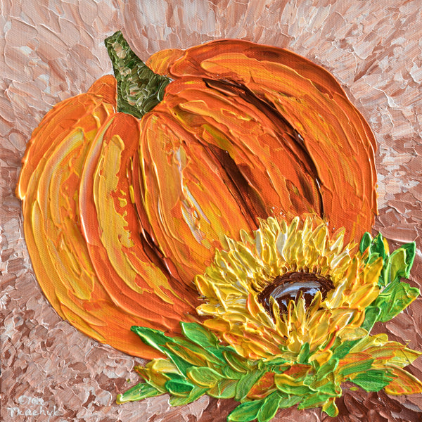 Pumpkin & Sunflower, Impressionist Painting, Acrylics, 12"x12"