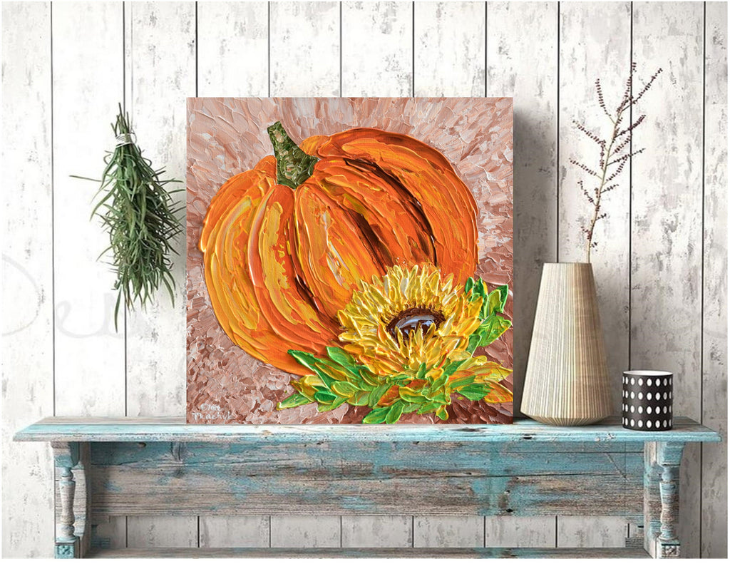 Pumpkin & Sunflower, Impressionist Painting, Acrylics, 12x12