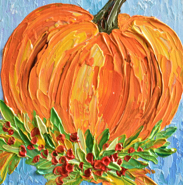 Pumpkin on Blue, Fall Acrylic Painting on Canvas, 10"x10"