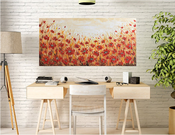 Red Poppy, Impasto Abstract Floral Painting on Canvas, 24"x48"