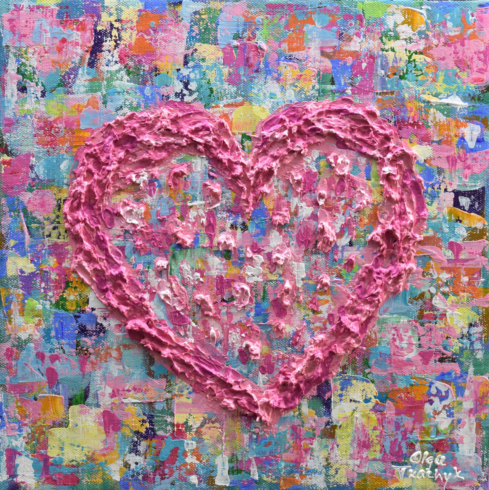 Pink Heart, Palette Knife Painting on Canvas, 12"x12"