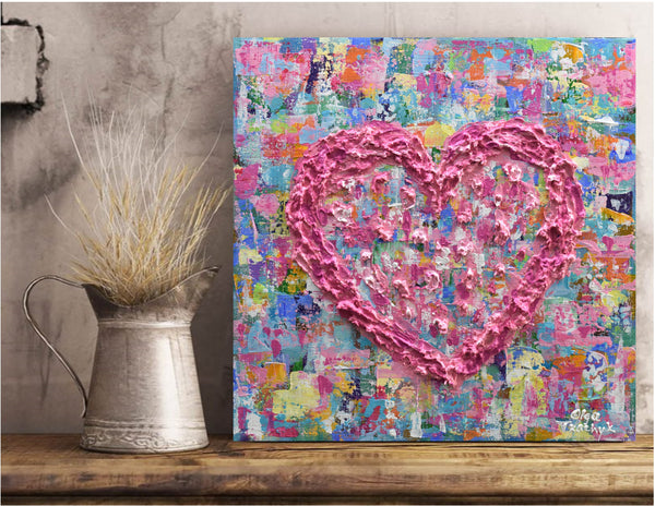 Pink Heart, Palette Knife Painting on Canvas, 12"x12"