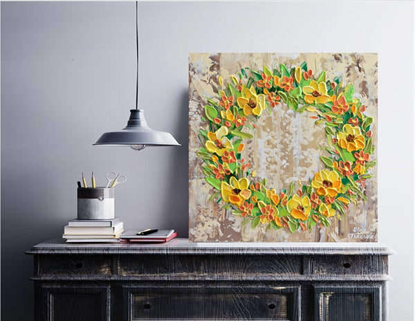 Fall Wreath, Floral Acrylic Painting on Canvas, 12"x12"